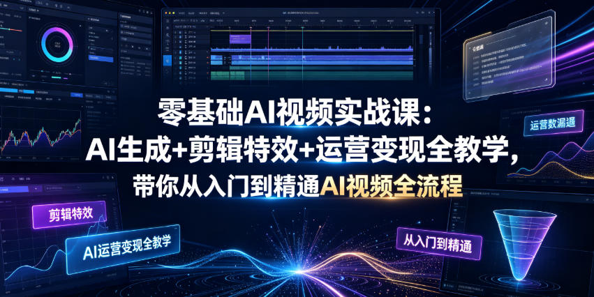 零基础AI视频实战课：AI生成+剪辑特效+运营变现全教学，带你从入门到精通AI视频全流程-副业资源网