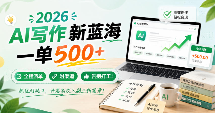 2026 AI写作新蓝海，一单500+，全程派单，附渠道，告别打工！【揭秘】-副业资源网