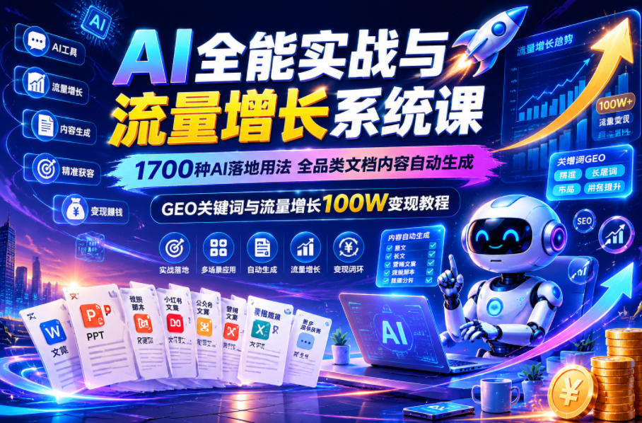 AI全能实战与流量增长系统课，1700种AI落地用法，全品类文档内容自动生成，GEO关键词与流量增长100W变现教程-副业资源网