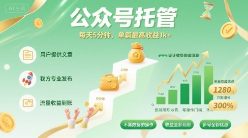 【公众号托管 】我提供文章，你发布，每天5分钟，单篇最高收益1k+【揭秘】-副业资源网