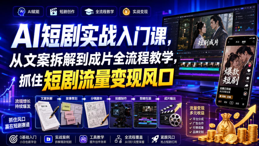 AI短剧实战入门课,从文案拆解到成片全流程教学,抓住短剧流量变现风口-副业资源网