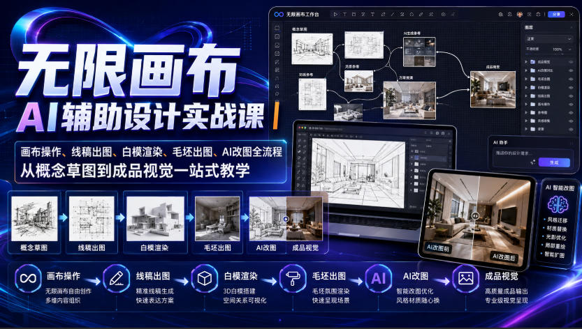 无限画布AI辅助设计实战课|画布操作、线稿出图、白模渲染、毛坯出图、AI改图全流程,从概念草图到成品视觉一站式教学-副业资源网