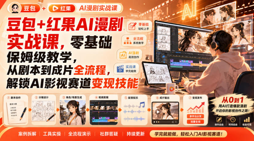 豆包+红果AI漫剧实战课，零基础保姆级教学，从剧本到成片全流程，解锁AI影视赛道变现技能-副业资源网