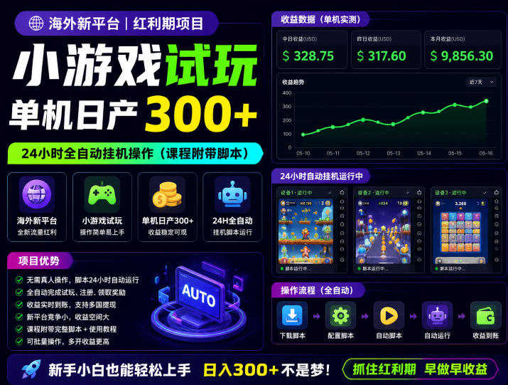 海外新平台，小游戏试玩，单机日产300+，24小时全自动挂G操作（课程附带脚本）【揭秘】-副业资源网