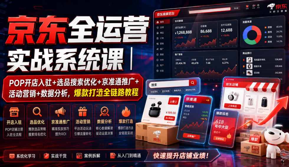 京东全运营实战系统课|POP开店入驻+选品搜索优化+京准通推广+活动营销+数据分析,爆款打造全链路教程-副业资源网