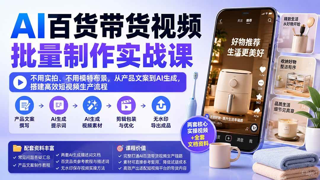 （20179期）AI百货带货视频批量制作实战课：不用实拍、不用模特布景，从产品文案到AI生成，搭建高效短视频生产流程-副业资源网