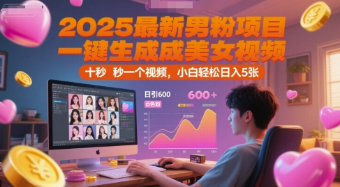 2025最新男粉项目，一键生成美女视频，日引600+色粉 十秒一个视频，小白轻松日入5张【揭秘】-副业资源网