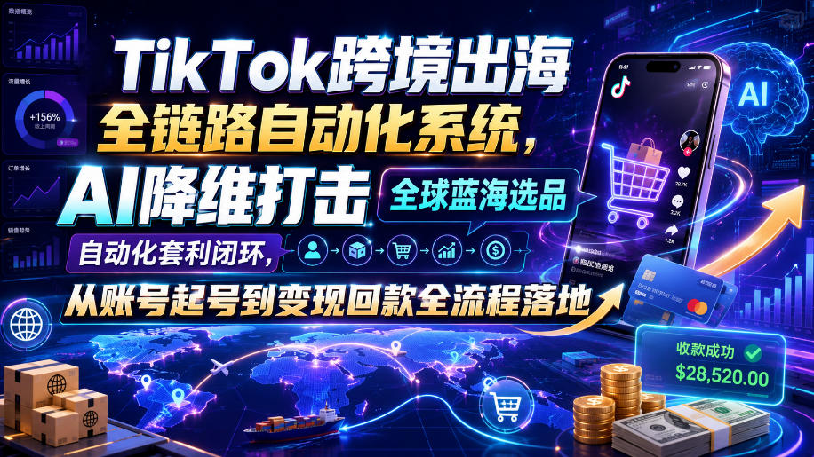 TikTok跨境出海全链路自动化系统,AI降维打击全球蓝海选品自动化套利闭环,从账号起号到变现回款全流程落地(2026年7月)-副业资源网