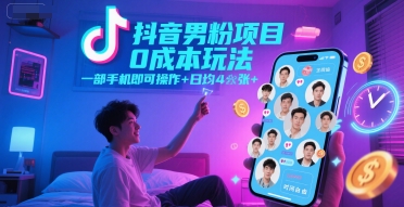 抖音男粉项目0成本玩法，一部手机即可操作，日均4张+，时间自由-副业资源网