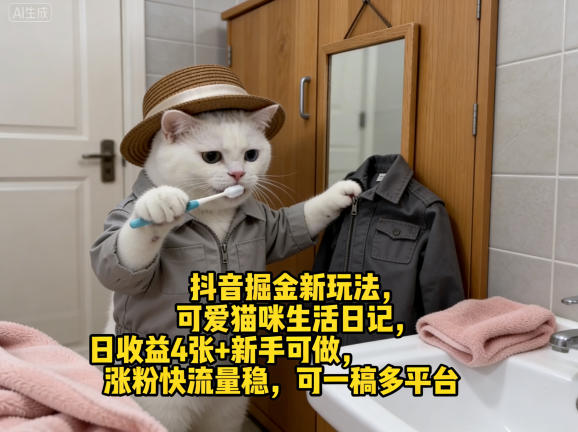 抖音掘金新玩法，可爱猫咪生活日记，日收益4张+新手可做，涨粉快流量稳，可一稿多平台-副业资源网