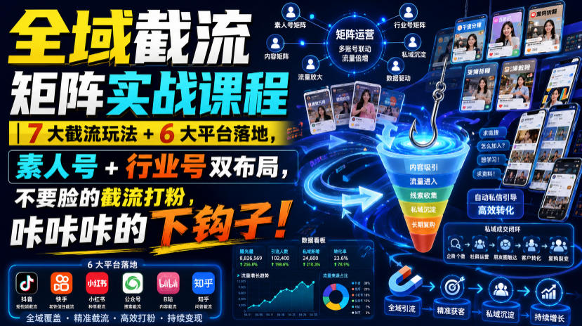 全域截流矩阵实战课程|7大截流玩法+6大平台落地,素人号+行业号双布局,不要脸的截流打粉,咔咔咔的下钩子!-副业资源网
