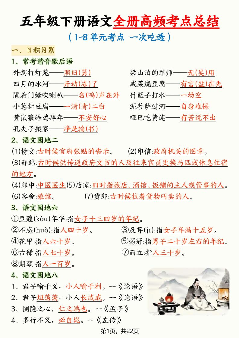 五年级下语文全册高频考点总结-副业资源网