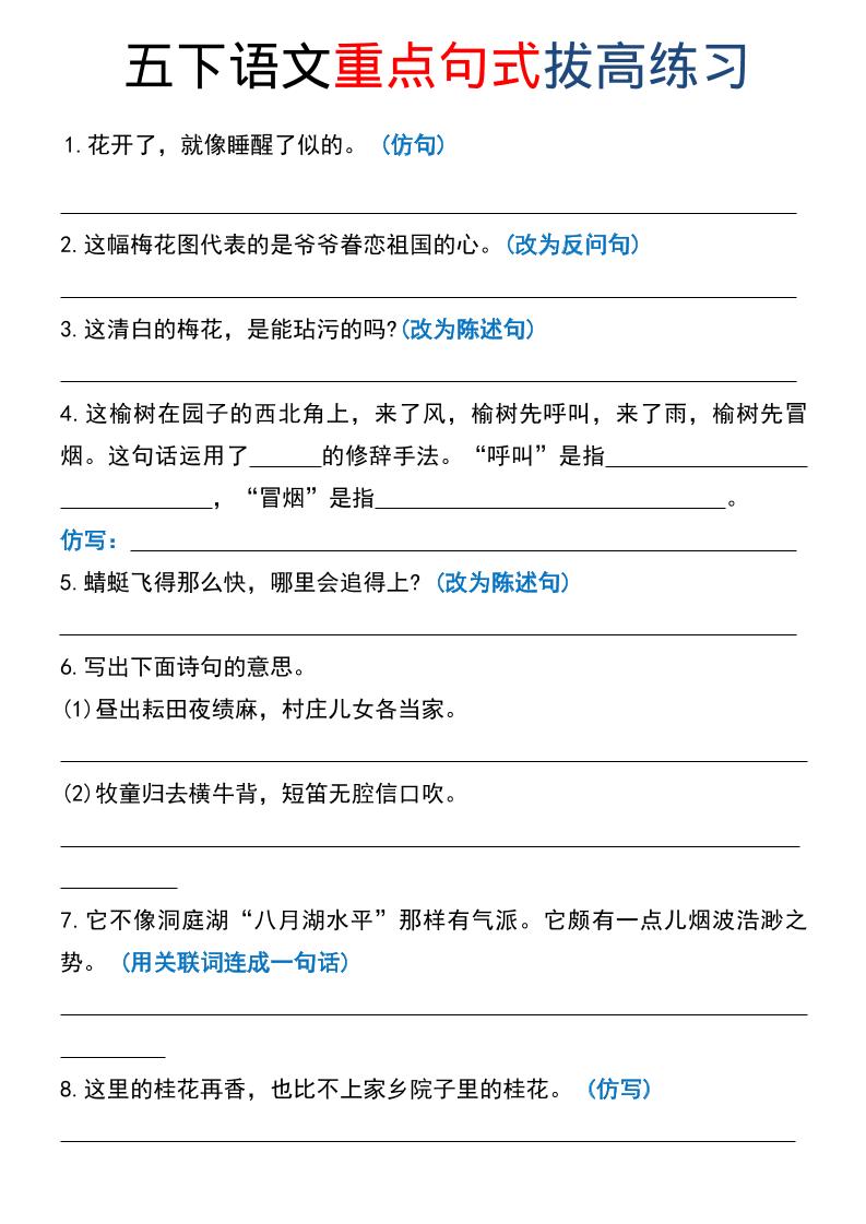 五年级下语文《重点句式》拔高练习-副业资源网
