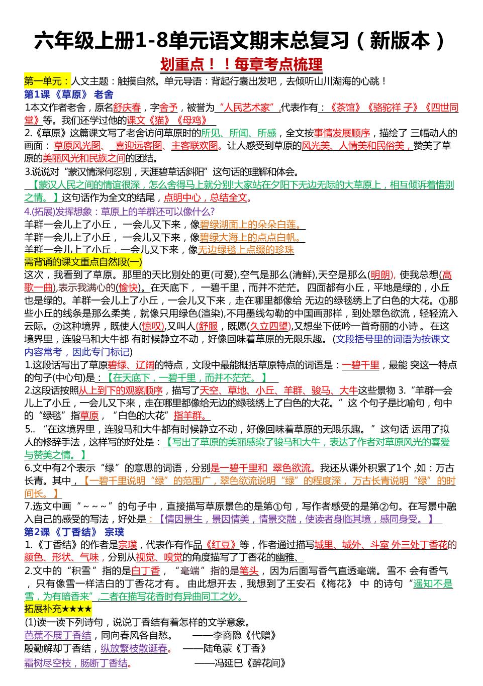 六年级上册1-8单元语文期末总复习（23页-副业资源网