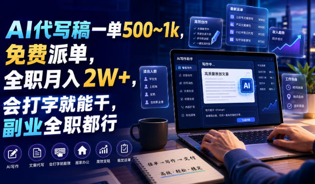 AI代写稿一单500~1k,免费派单,全职月入2W+,会打字就能干,副业全职都行【揭秘】-副业资源网