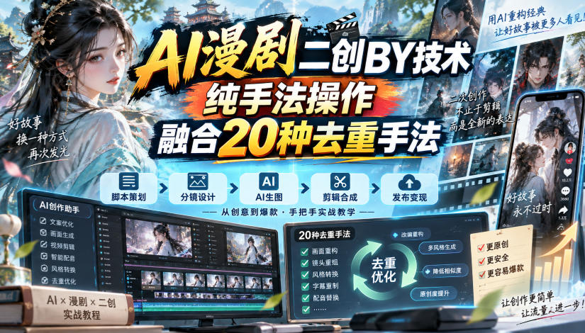 AI漫剧二创搬运技术,纯手法操作,融合20种去重手法-副业资源网