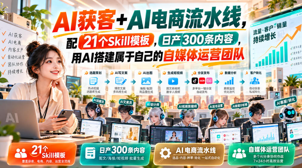 AI获客+AI电商流水线，配21个Skill模板，日产300条内容，用AI搭建属于自己的自媒体运营团队（更新0928）-副业资源网