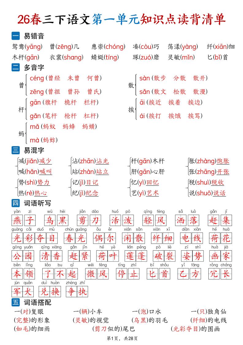 26新三年级下语文1-8单元知识点读背清单（28页）-副业资源网