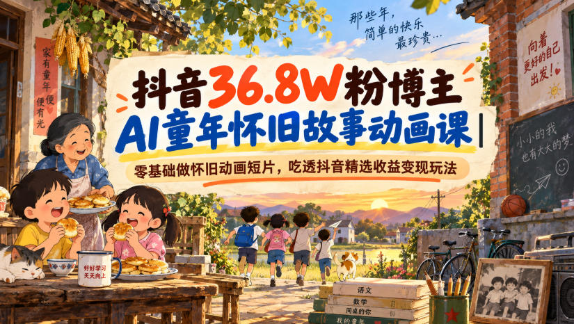 抖音36.8W粉博主AI童年怀旧故事动画课|零基础做怀旧动画短片,吃透抖音精选收益变现玩法-副业资源网