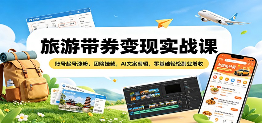 旅游带券变现实战课：账号起号涨粉，团购挂载，AI文案剪辑，零基础轻松副业增收-副业资源网