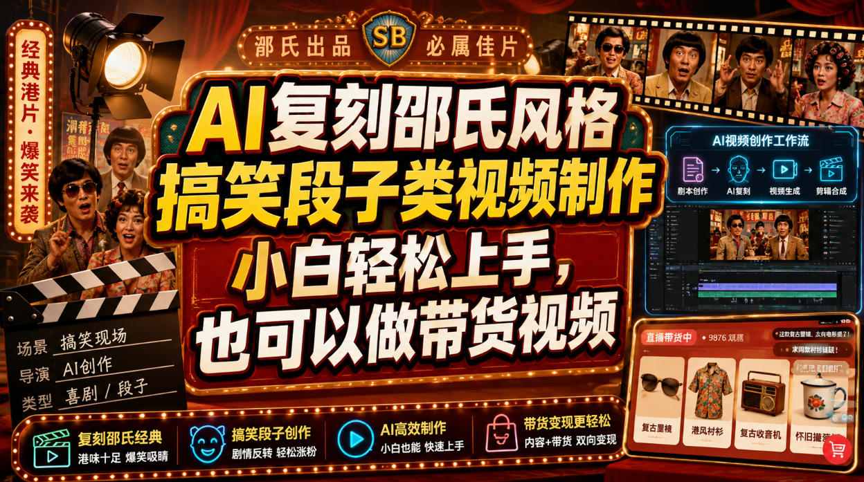 AI复刻邵氏风格搞笑段子类视频制作,小白轻松上手,也可以做带货视频-副业资源网
