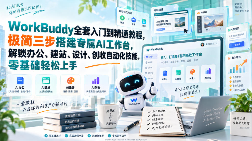 WorkBuddy全套入门到精通教程,极简三步搭建专属AI工作台,解锁办公、建站、设计、创收自动化技能,零基础轻松上手-副业资源网