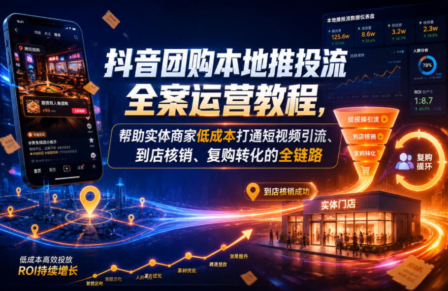 抖音团购本地推投流全案运营教程，帮助实体商家低成本打通短视频引流、到店核销、复购转化的全链路-副业资源网