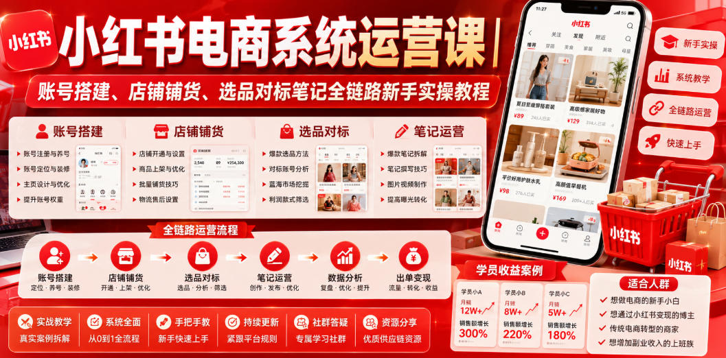 小红书电商系统运营课｜账号搭建、店铺铺货、选品对标笔记全链路新手实操教程-副业资源网