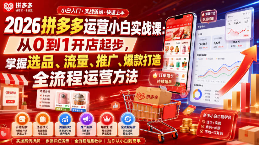 2026拼多多运营小白实战课：从0到1开店起步，掌握选品、流量、推广、爆款打造全流程运营方法-副业资源网