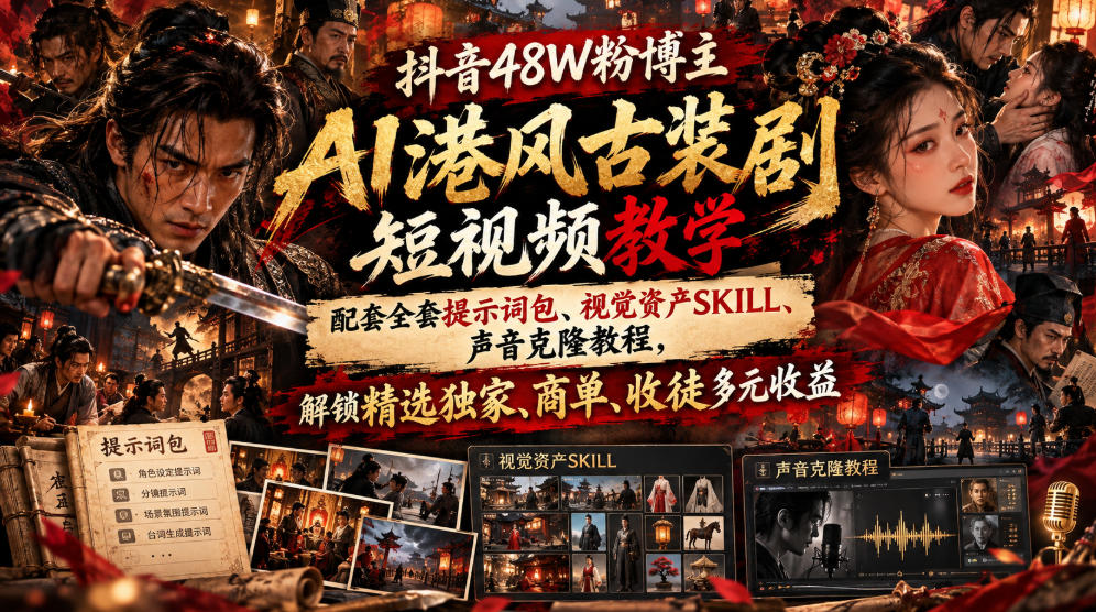 抖音48W粉博主AI港风古装剧短视频教学,配套全套提示词包、视觉资产SKILL、声音克隆教程,解锁精选独家、商单、收徒多元收益 抖音48W粉博主AI港风古装剧短视频教学,配套全套提示词包、视觉资产SKILL、声音克隆教程,解锁精选独家、商单、收徒多元收益
