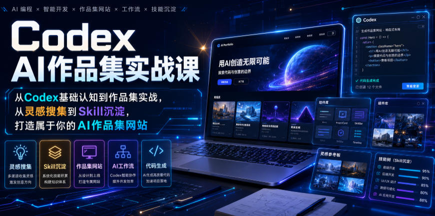 Codex AI作品集实战课，从Codex基础认知到作品集实战，从灵感搜集到Skill沉淀，打造属于你的AI作品集网站-副业资源网