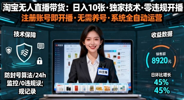 【最新】淘宝无人直播带货,日入10张,独家技术,无违规无封号,注册账号直接开播,不用养号【揭秘】-副业资源网