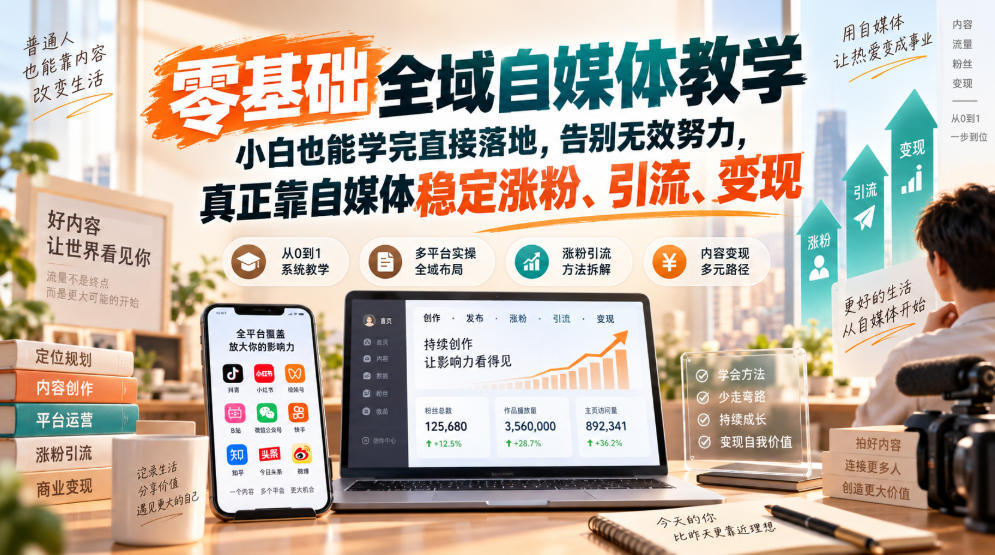 零基础全域自媒体教学，小白也能学完直接落地，告别无效努力，真正靠自媒体稳定涨粉、引流、变现-副业资源网