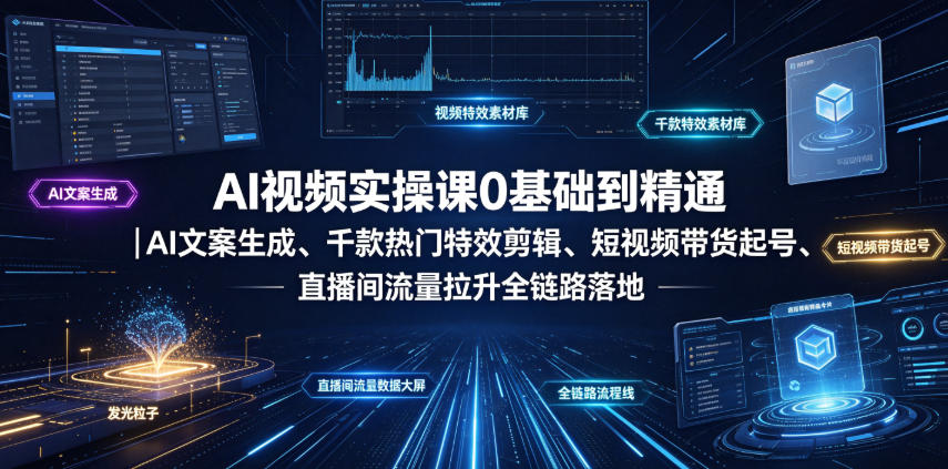 AI视频实操课0基础到精通｜AI文案生成、千款热门特效剪辑、短视频带货起号、直播间流量拉升全链路落地-副业资源网