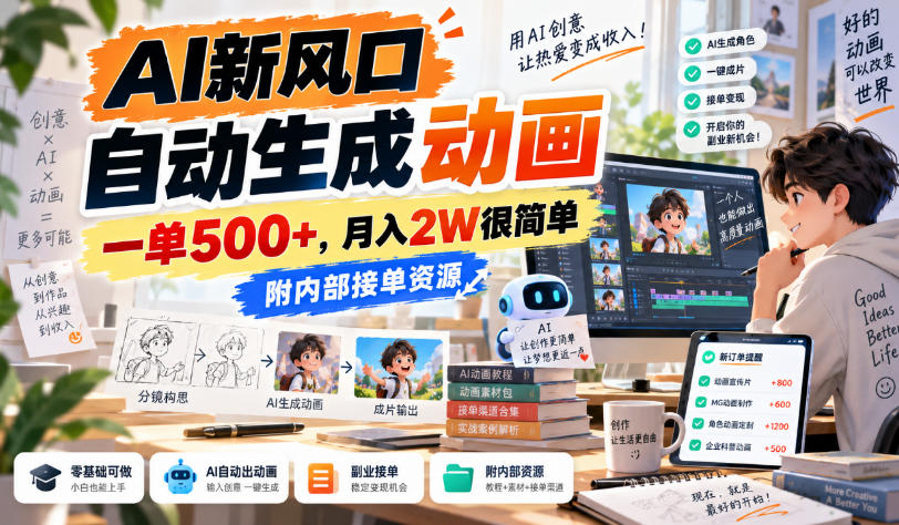 AI新风口，自动生成动画，一单500+，月入2W很简单，附内部接单资源【揭秘】-副业资源网