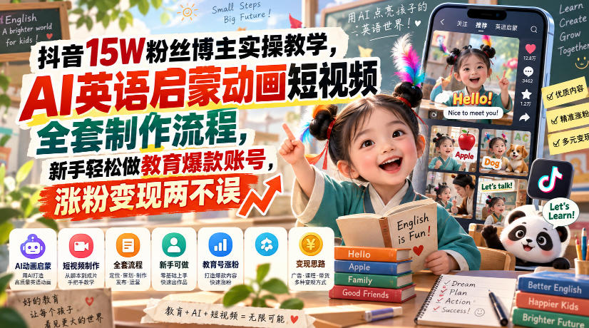 抖音15W粉丝博主实操教学，AI英语启蒙动画短视频全套制作流程，新手轻松做教育爆款账号，涨粉变现两不误-副业资源网