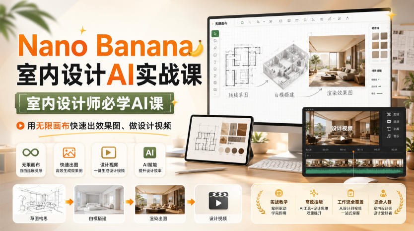 Nano Banana室内设计AI实战课,室内设计师必学AI课,用无限画布快速出效果图、做设计视频-副业资源网