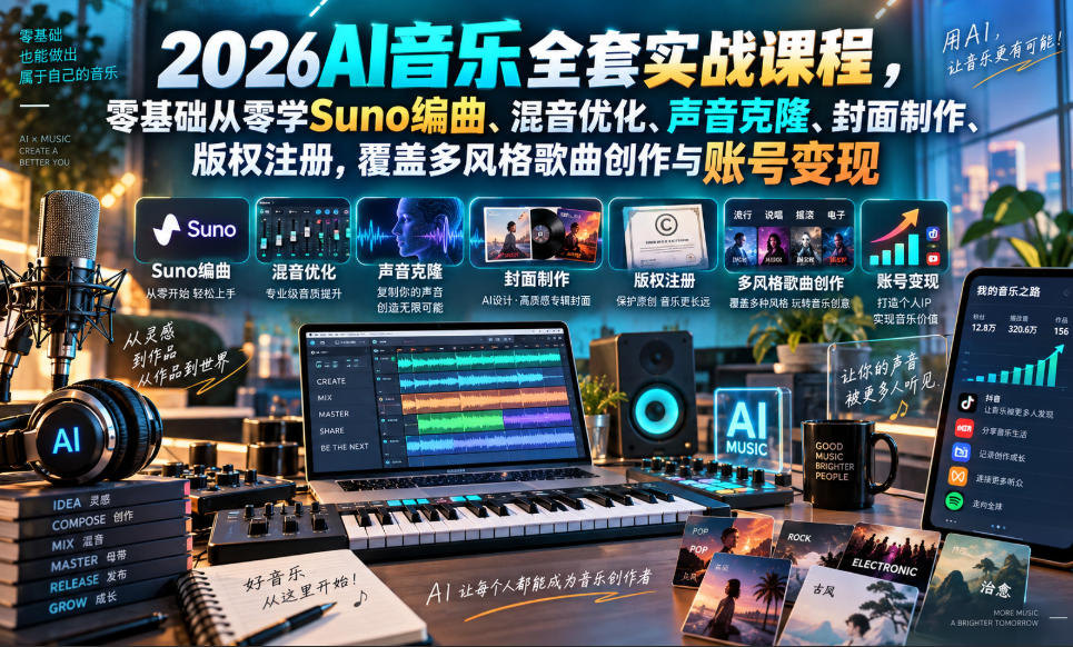 2026AI音乐实战课程,零基础从零学Suno编曲、混音优化、声音克隆、版权注册,覆盖多风格歌曲创作与账号变现-副业资源网