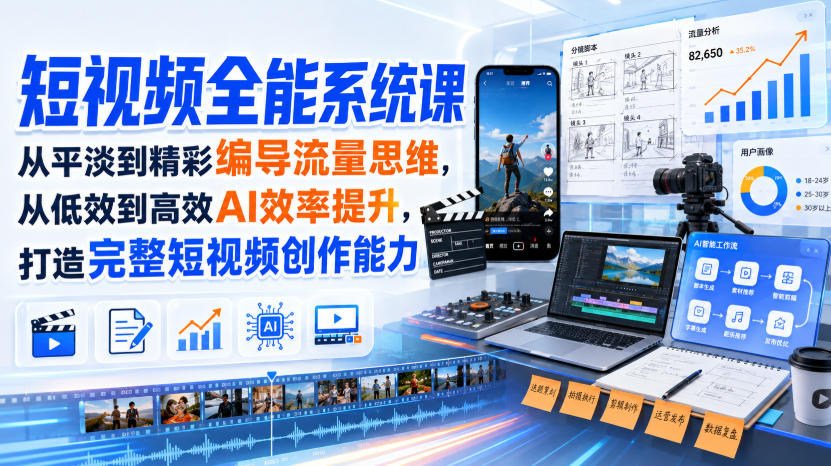 短视频全能系统课,从平淡到精彩编导流量思维,从低效到高效AI效率提升,打造完整短视频创作能力(完整版)-副业资源网