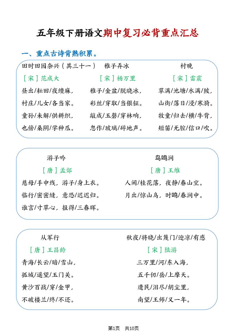 五年级下语文期中复习重点知识点汇总1-副业资源网