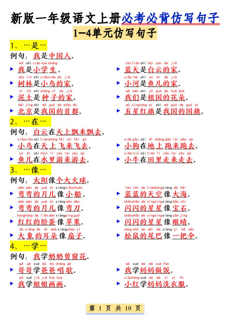 一年级语文上册必考必背仿写句子1_纯图版-副业资源网