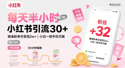 每天半小时小红书引流30+，精准粉单月变现2w+，小白新手一部手机可做，今天5分钟硬核实操-副业资源网