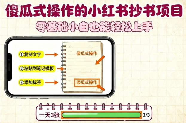 傻瓜式操作的小红书抄书项目，会复制粘贴就行，零基础小白也能一天3张-副业资源网