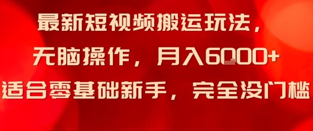 最新短视频搬运玩法，无脑操作，月入6k+适合零基础新手，完全没门槛-副业资源网