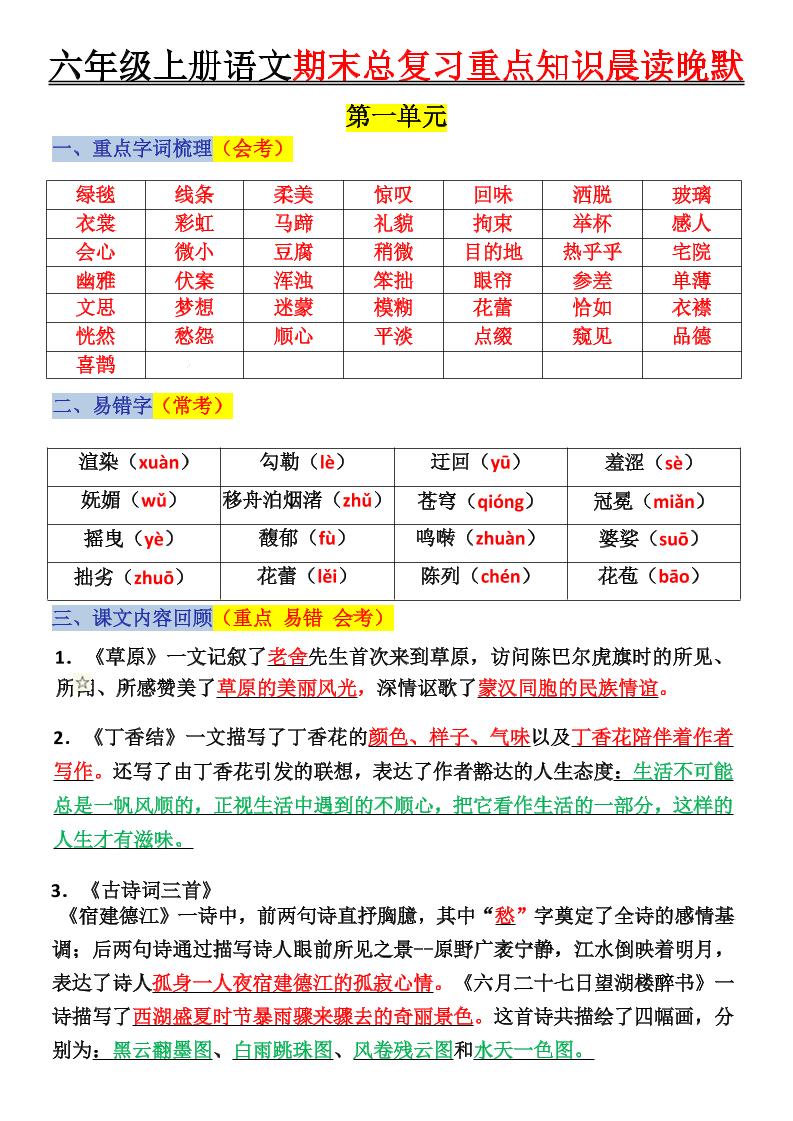 六上语文复习重点晨读单(16页)-副业资源网