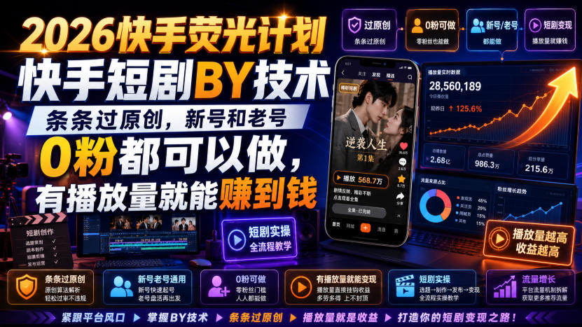2026快手荧光计划,快手短剧搬运技术,条条过原创,新号和老号0粉都可以做,有播放量就能賺到钱-副业资源网