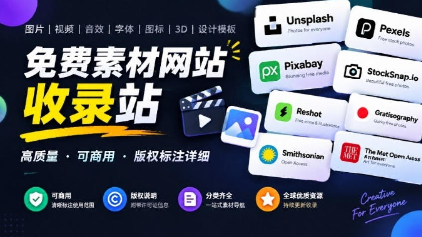 剪片、直播、做播客都能用的免费素材网站收录站，署名和可商用条件标清楚，自媒体必备Free for Creators-副业资源网