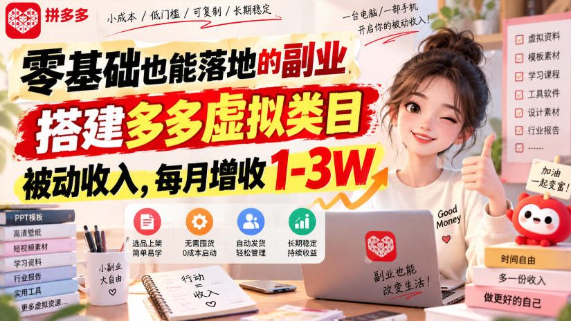 零基础也能落地的副业，搭建多多虚拟类目被动收入，每月增收1-3W【揭秘】-副业资源网