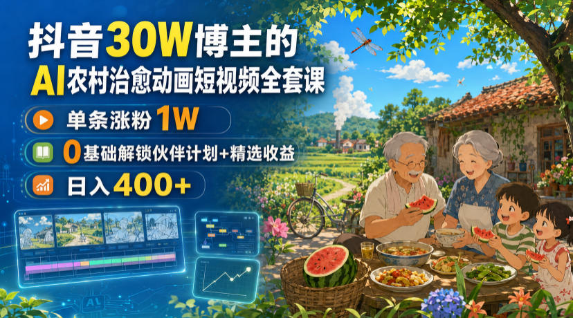 抖音30W博主的AI农村治愈动画短视频全套课|单条涨粉1W,0基础解锁伙伴计划+精选收益,日入400+-副业资源网