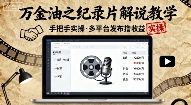万金油之纪录片解说教学，手把手教你，完全实操，多平台发布撸收益-副业资源网